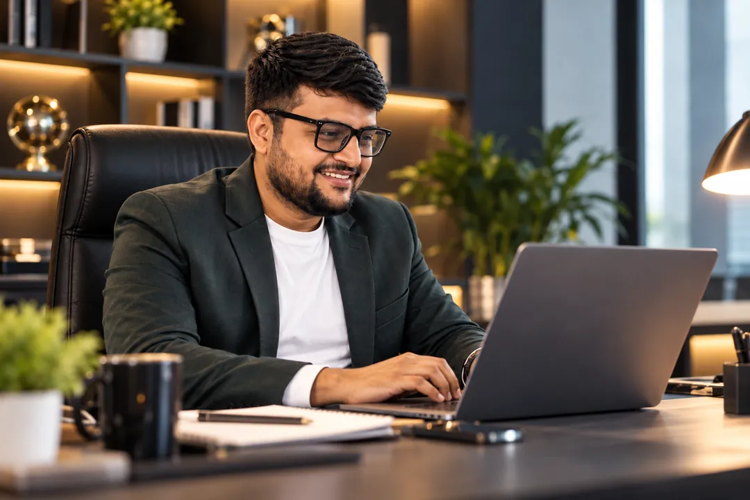 Umesh Khivasara working on a laptop at his desk