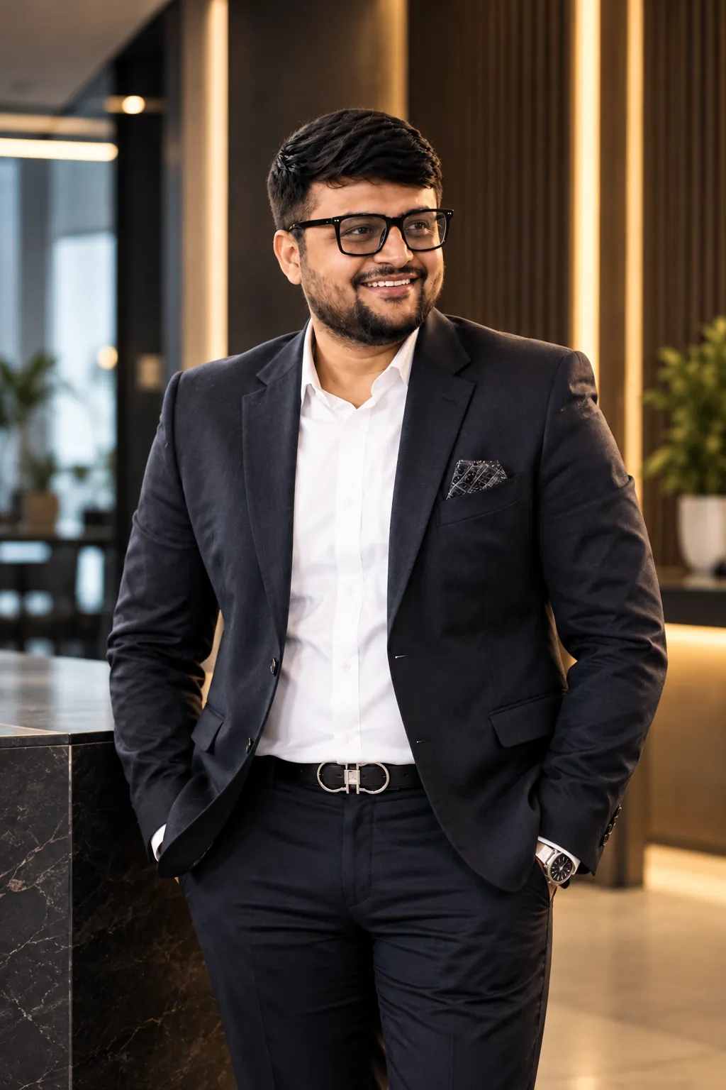 Umesh Khivasara standing in a dark suit, hands in pockets