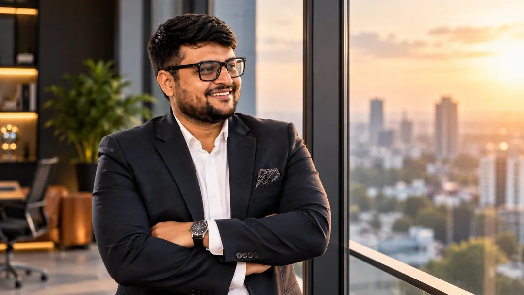 Umesh Khivasara standing by a tall window, arms folded