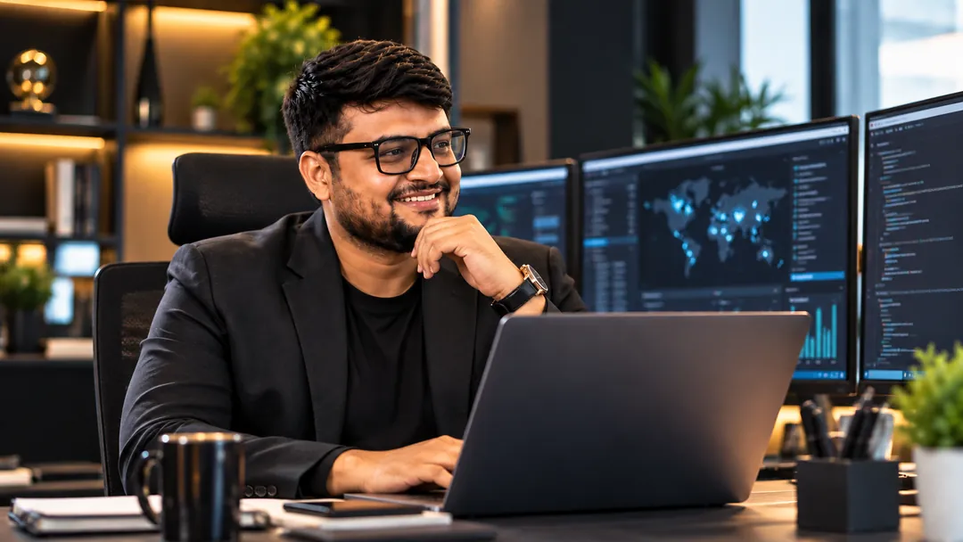 Umesh Khivasara at his desk in front of several monitors